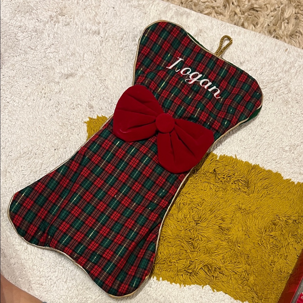Plaid Christmas Dog Stocking with Red Bow - Logan